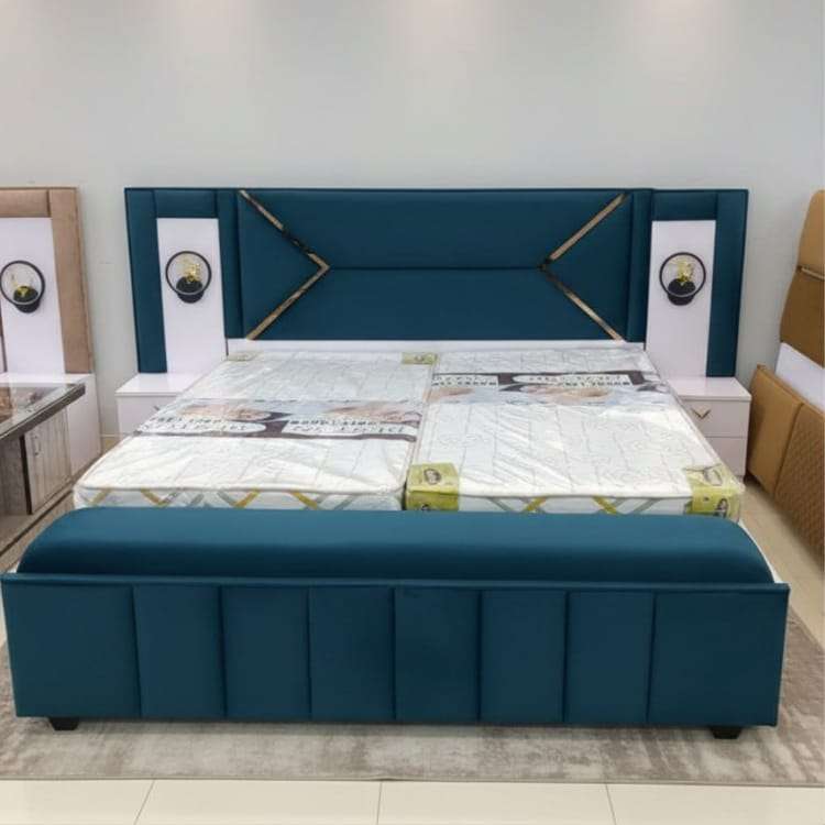 Dark Blue Luxury King Size Bed with Designer Headboard and Storage